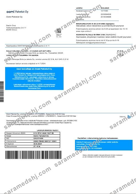 Finland Oomi Palvelut Oy electricity business utility bill in word and pdf formats